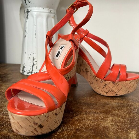 Miu Miu Orange Patent Leather Slingback Platform Sandals – Size 7.5 - Picture 1 of 5